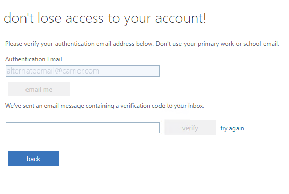 Email authentication configuration form requesting an alternate email and entry of the verification code sent