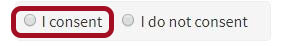 Red box highlighted around I consent. Another option available that states I do not consent. Another checkbox stating By Checking here, I, your name, declare that.